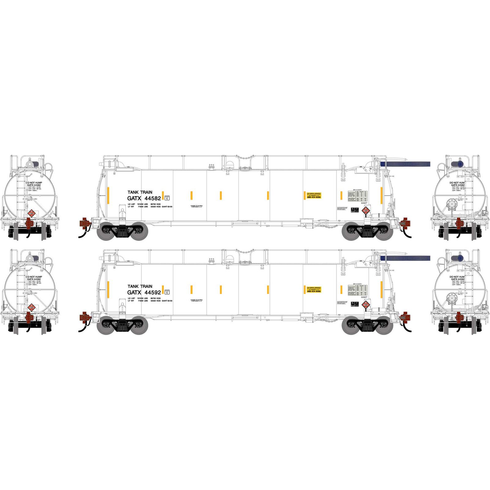 HO TankTrain Intermediate, GATX White #44582/44592 (2)