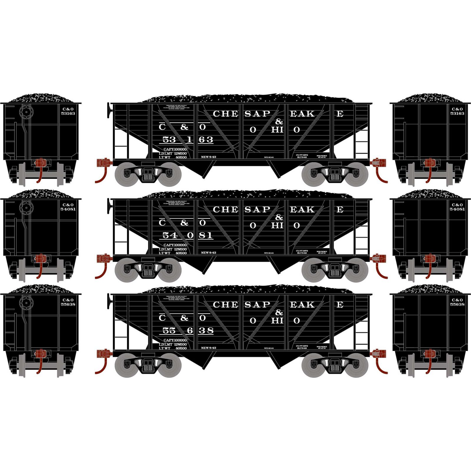 HO 34' 2-Bay Composite Coal Hopper with Load, C&O (3)