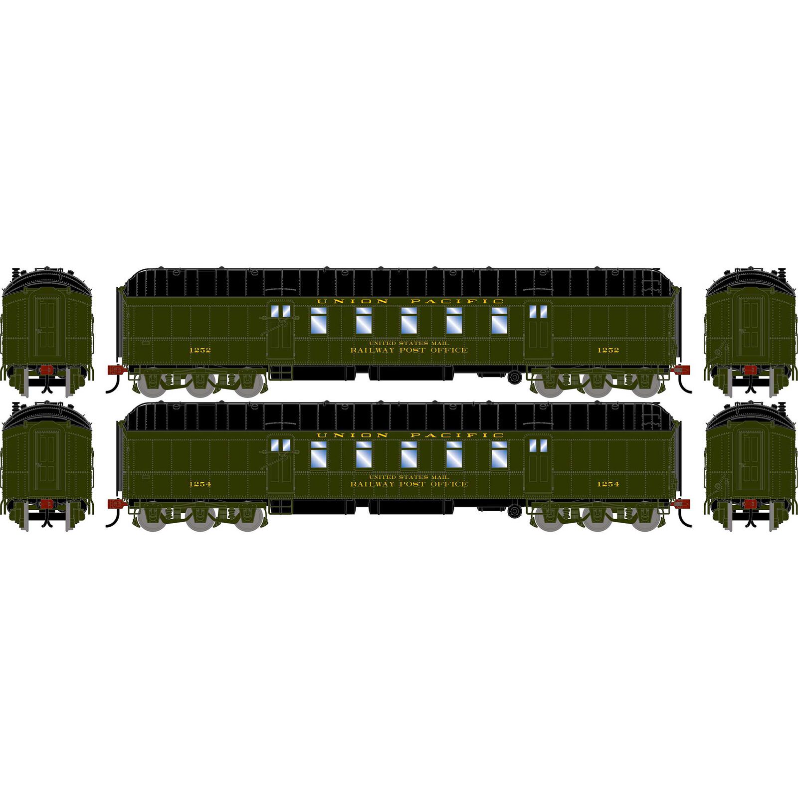 HO ATH 60' Pullman Common Standard Postal Car, UP #1252/1254 (2)