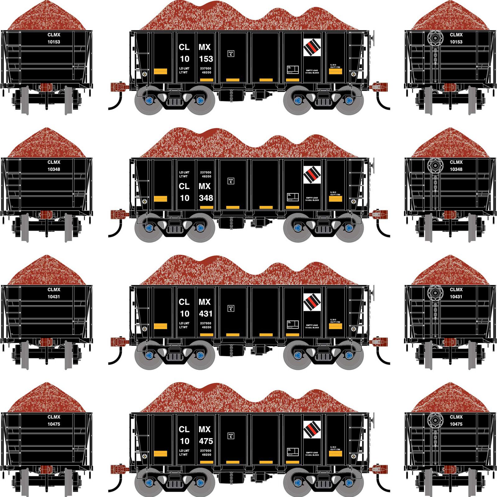 HO 26' PC&F Ore Car Tight-Bottom Low Side with Load, CLMX #10153/10348/10434/10475 (4)