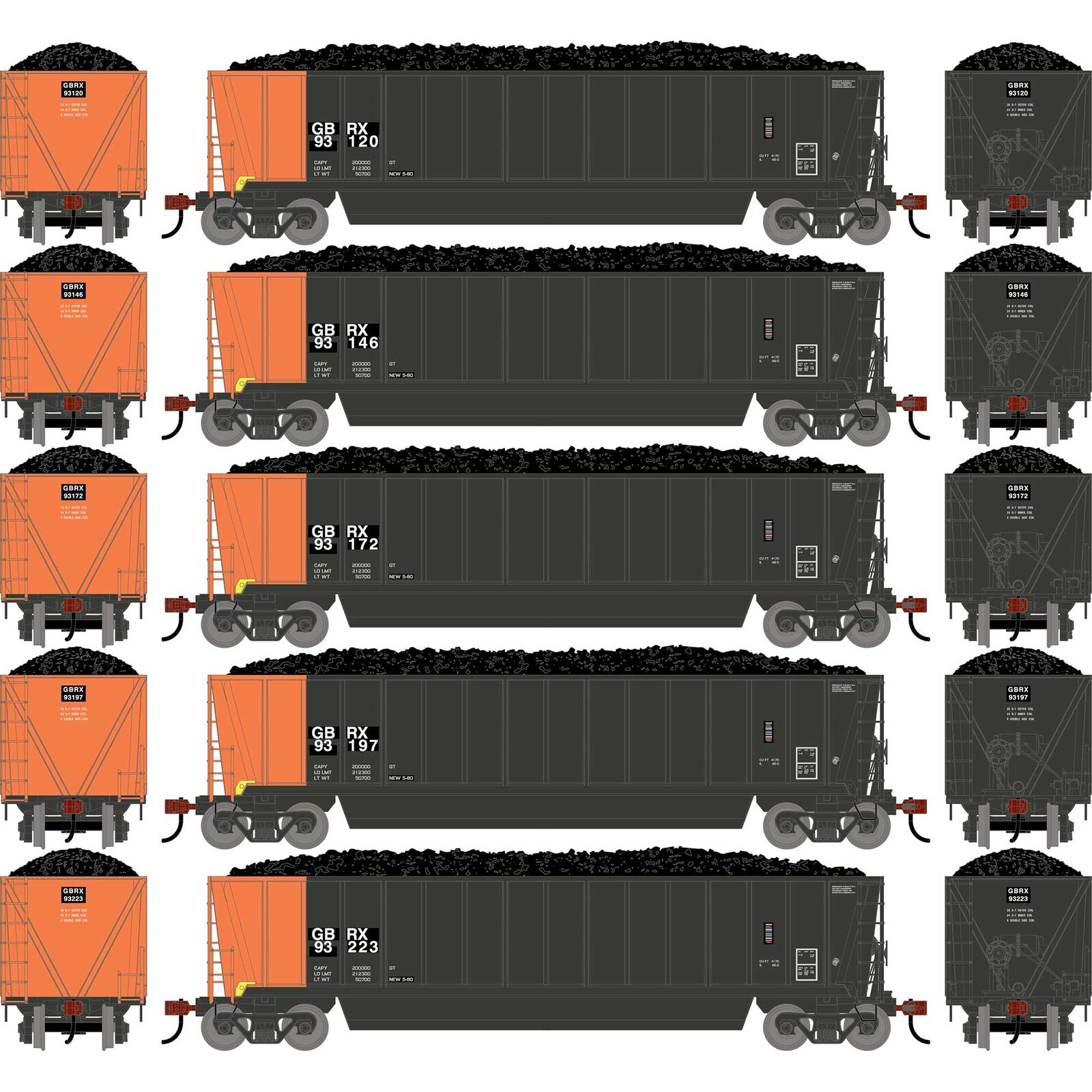 HO ATH Berwick Bathtub Gondola, Primed For Grime GBRX w/Load #93120/93146/93172/93197/93223 (5)