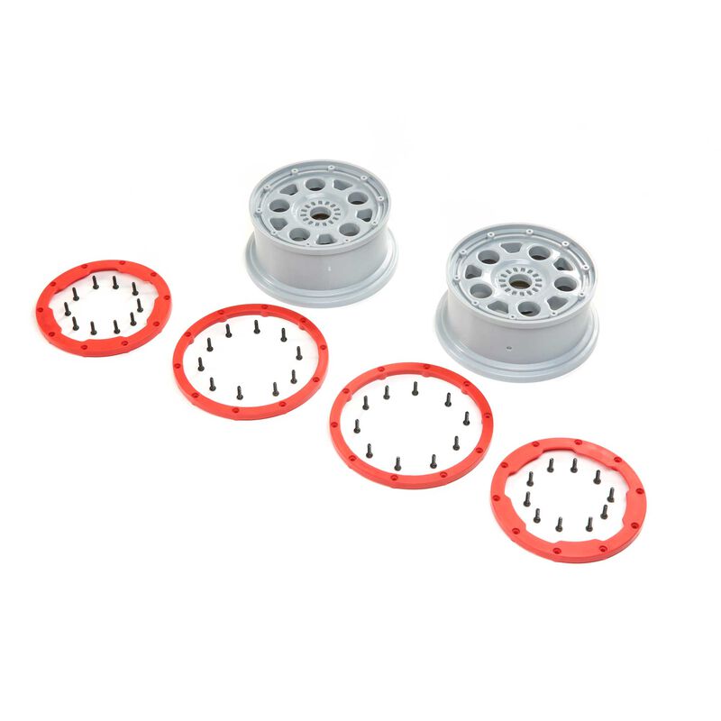 1/5 Front/Rear 4.75 Beadlock Wheels, 24mm Hex, Silver/Red (2): DBXL-E 2.0 1/5 Front/Rear 4.75 Beadlock Wheels, 24mm Hex, Silver/Red (2): DBXL-E 2.0