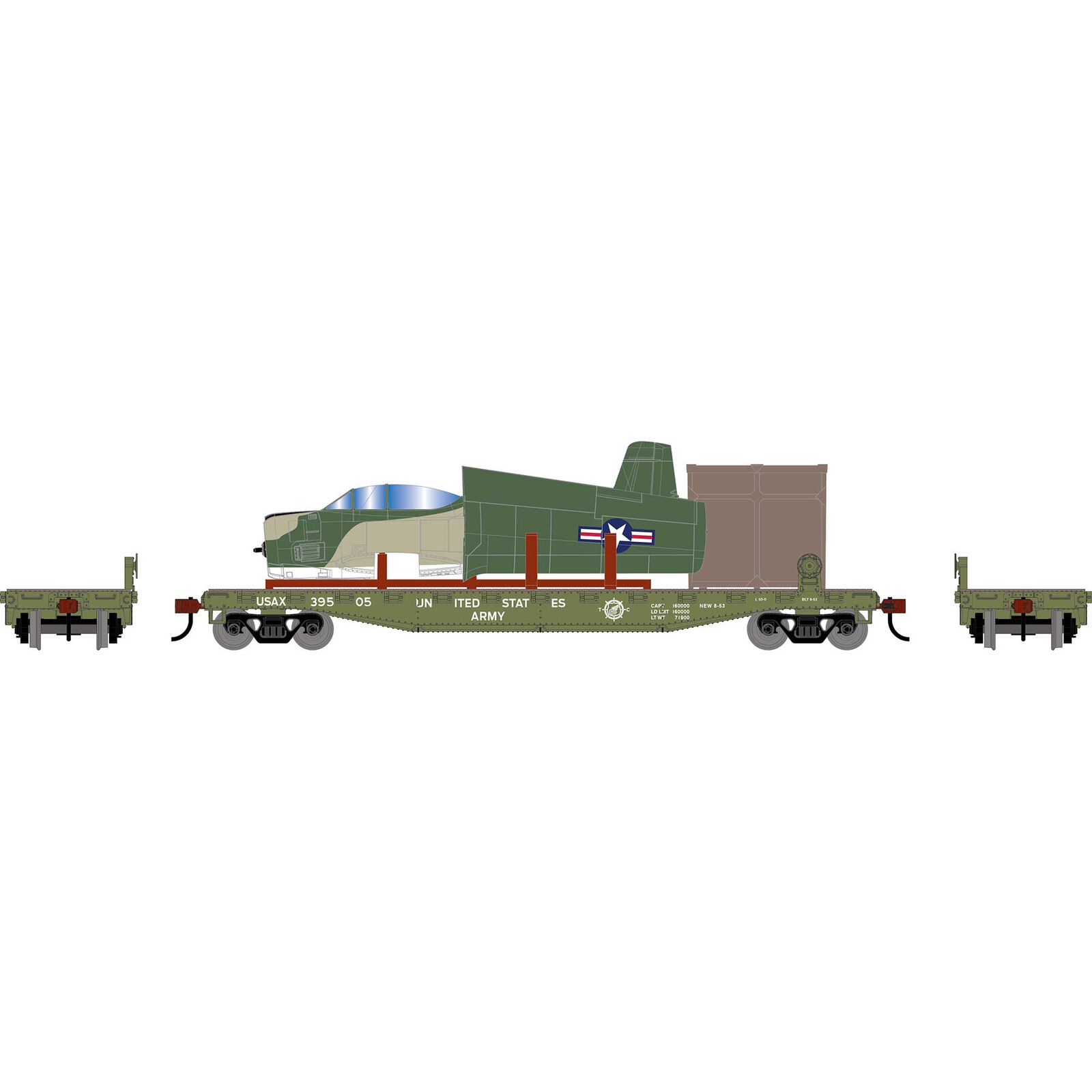 HO ATH 50' Flat Car w/T-28B Trojan Airplane, Flat Car- USAX #39505; Airplane- Camouflage N51705