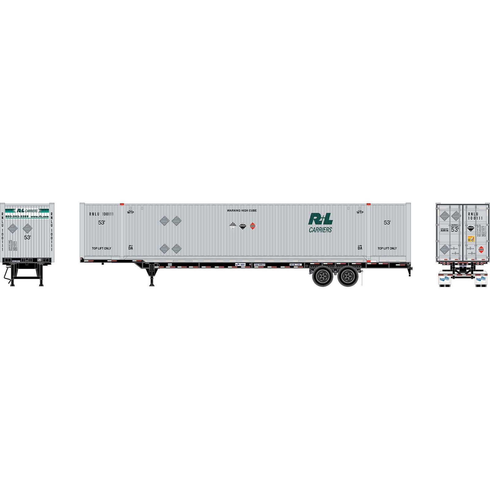 HO ATH 53' Chassis with Container, Chassis- Seacastle 'TSXZ' #999177, Container- RNLU #100111