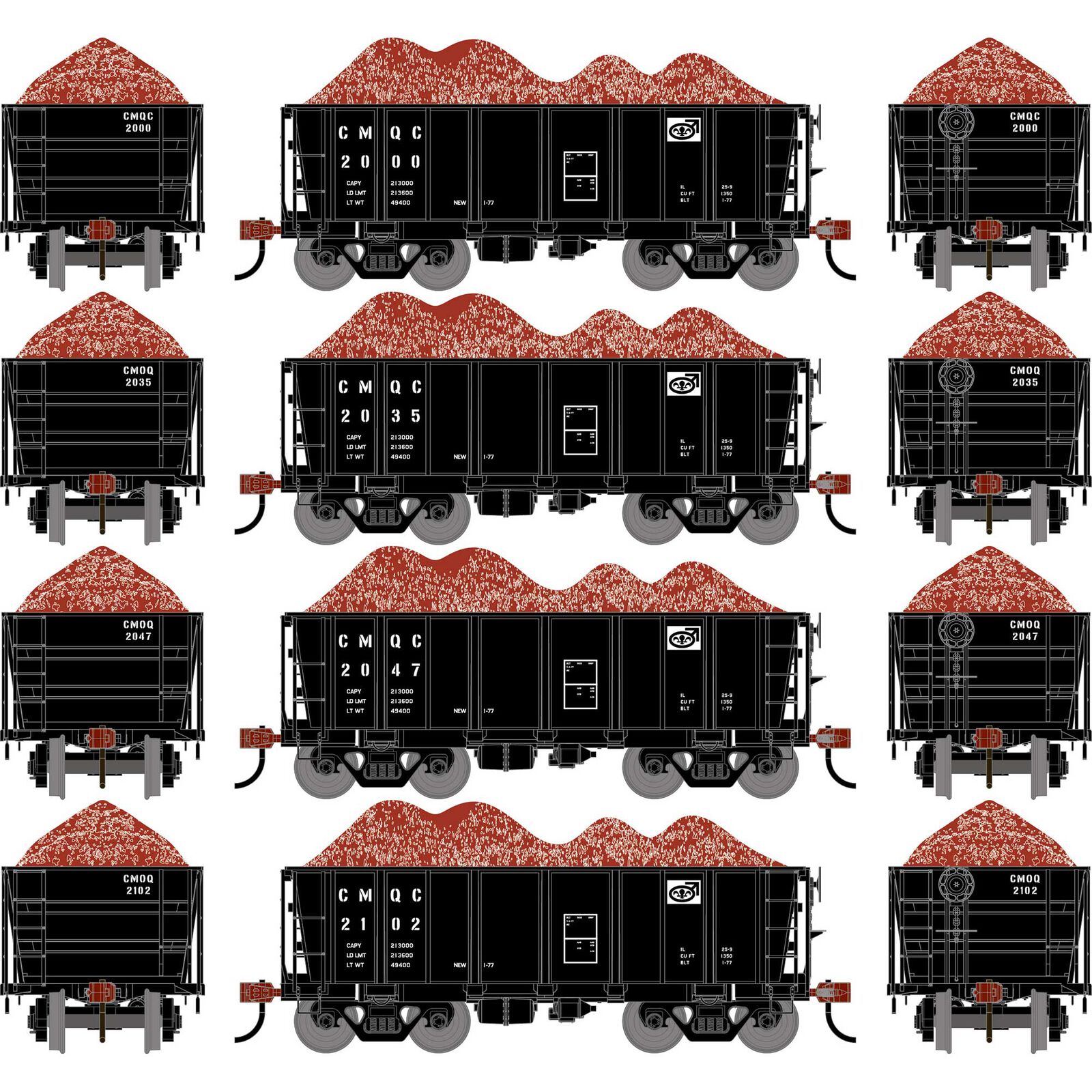 HO ATH 26' PC&F Ore Car Tight-Bottom Low-Side w/Load, CMQC #2000/2035/2047/2102 (4)