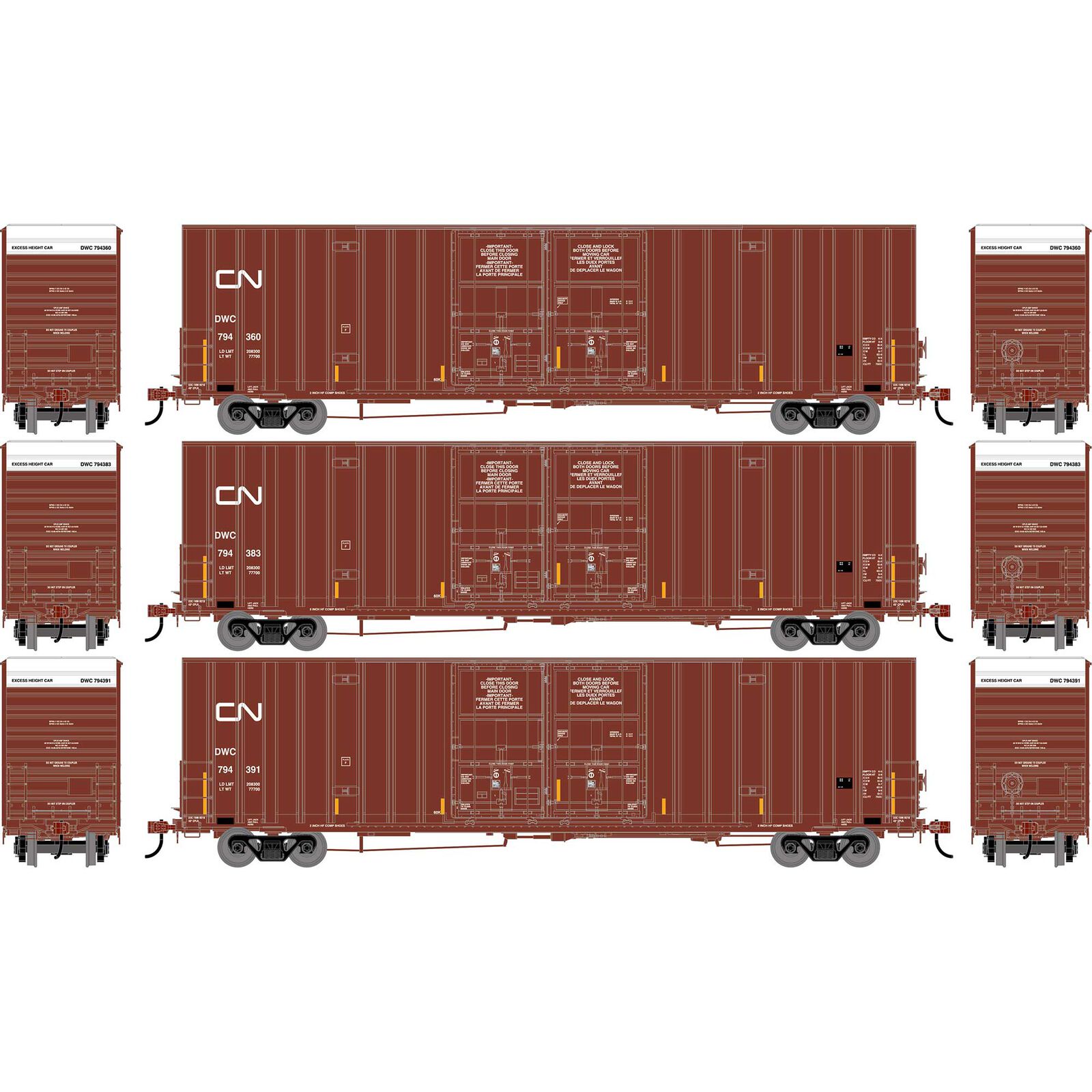 HO ATH 60' Gunderson High-Cube Double Door Box Car, DWC #794360/794383/794391 (3)