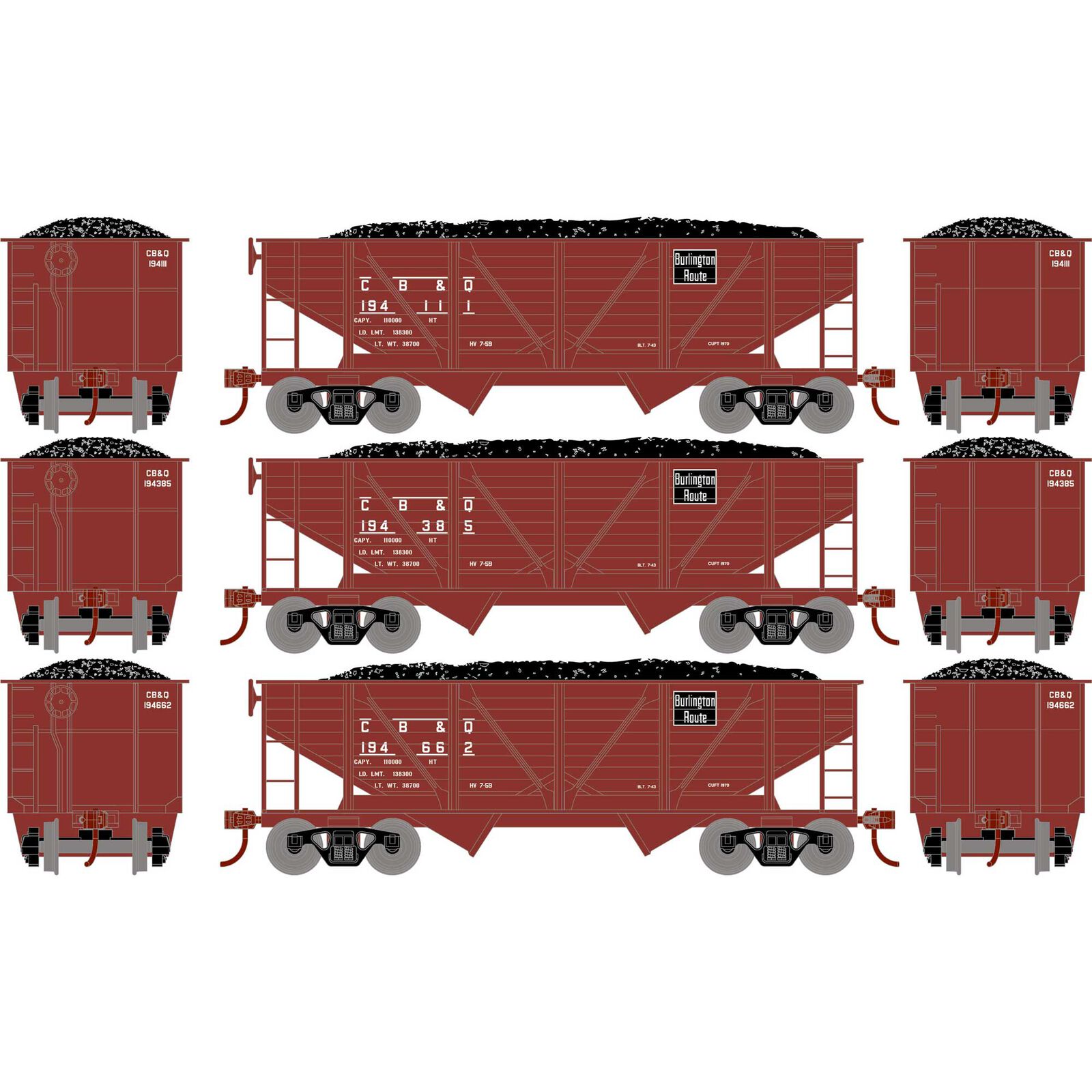 HO 34' 2-Bay Composite Coal Hopper with Load, CB&Q(3)