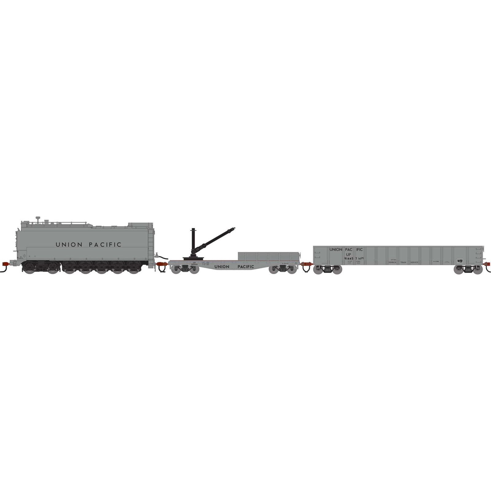 HO MOW Set, UP Fuel Oil Tank Car #900075/Derrick Car #900016/52' Mill Gondola  #914457 (3)