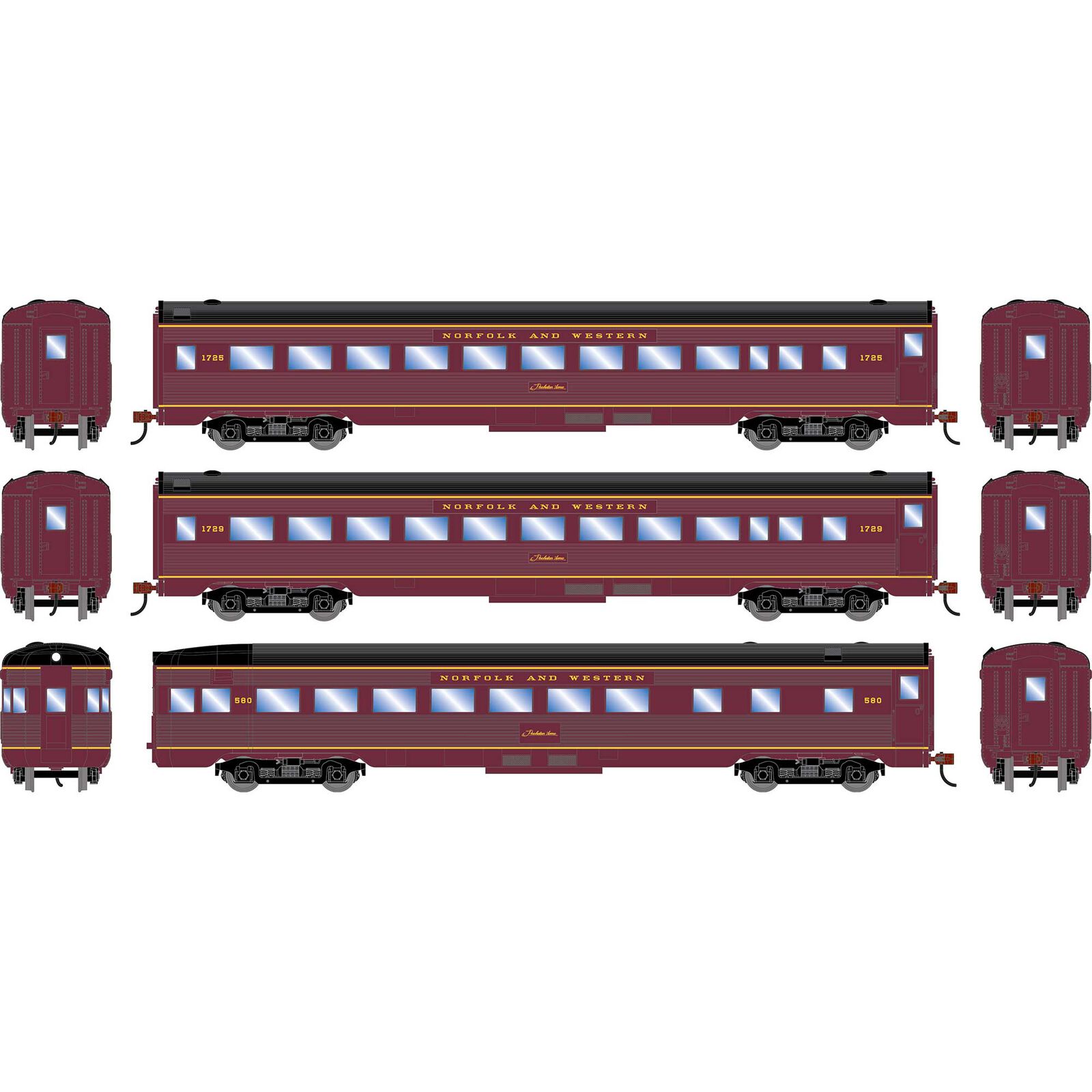 HO RND Streamline Cars, NW Coach #1725/Coach #1729//Observation #580 (3)
