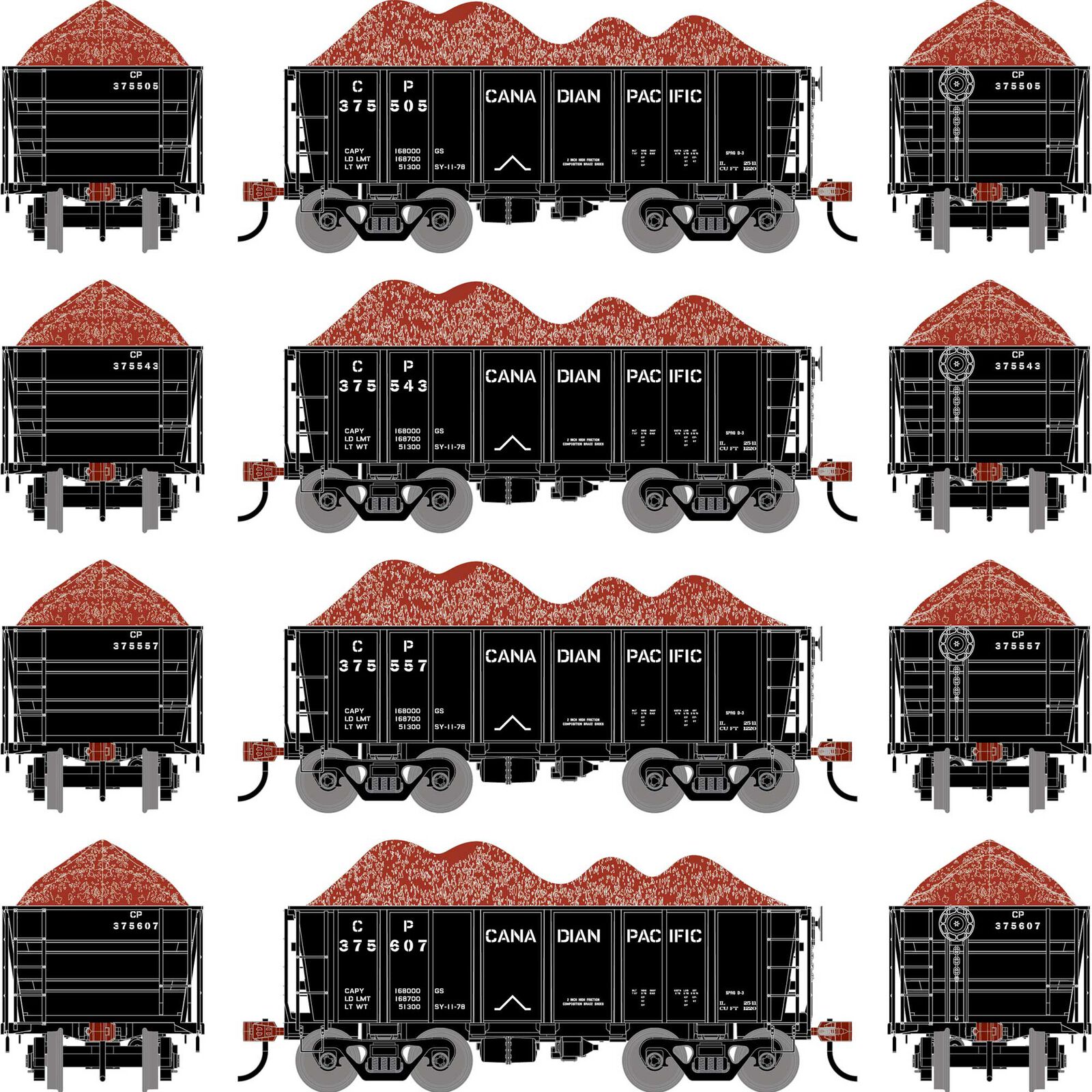 HO 26' PC&F Ore Car Tight-Bottom Low Side with Load, CP #375505/375543/375571/375607 (4)