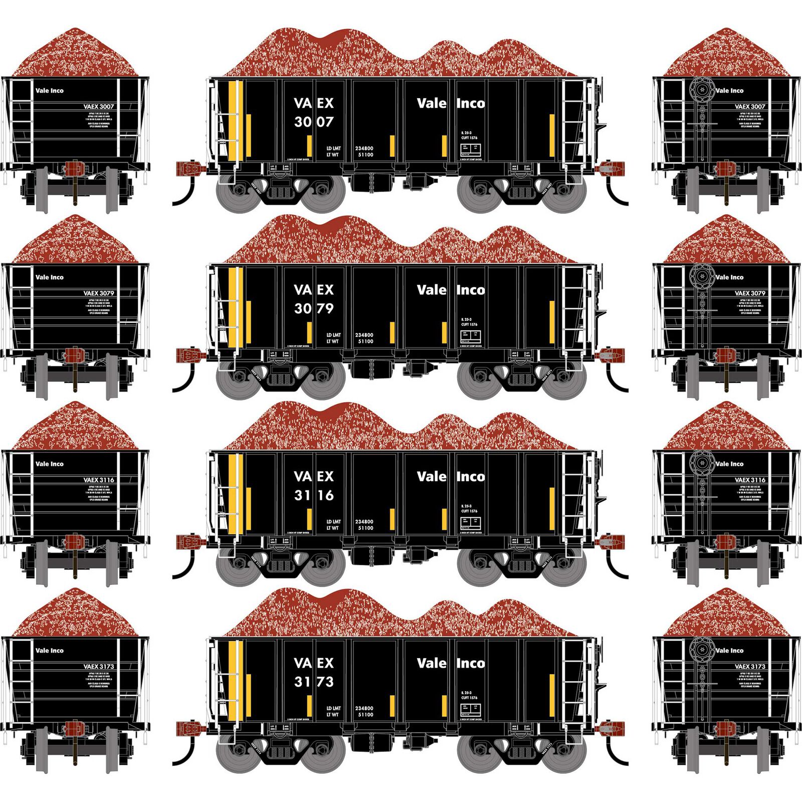 HO ATH 26' PC&F Ore Car Tight-Bottom Low-Side w/Load, VAEX #3007/3079/3116/3173 (4)