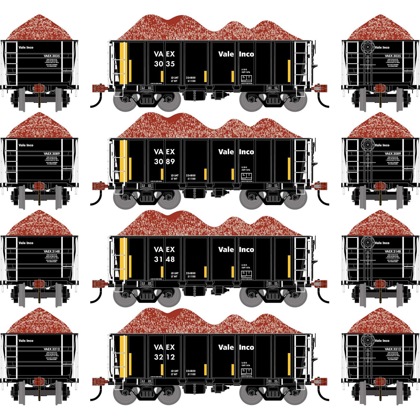 HO ATH 26' PC&F Ore Car Tight-Bottom Low-Side w/Load, VAEX #3035/3089/3148/3212 (4)