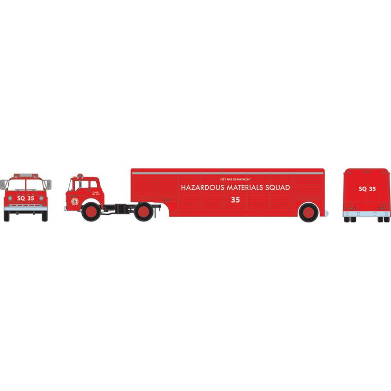 HO Ford C Truck with Hazmat Trailer, City Fire Dept-SQ35