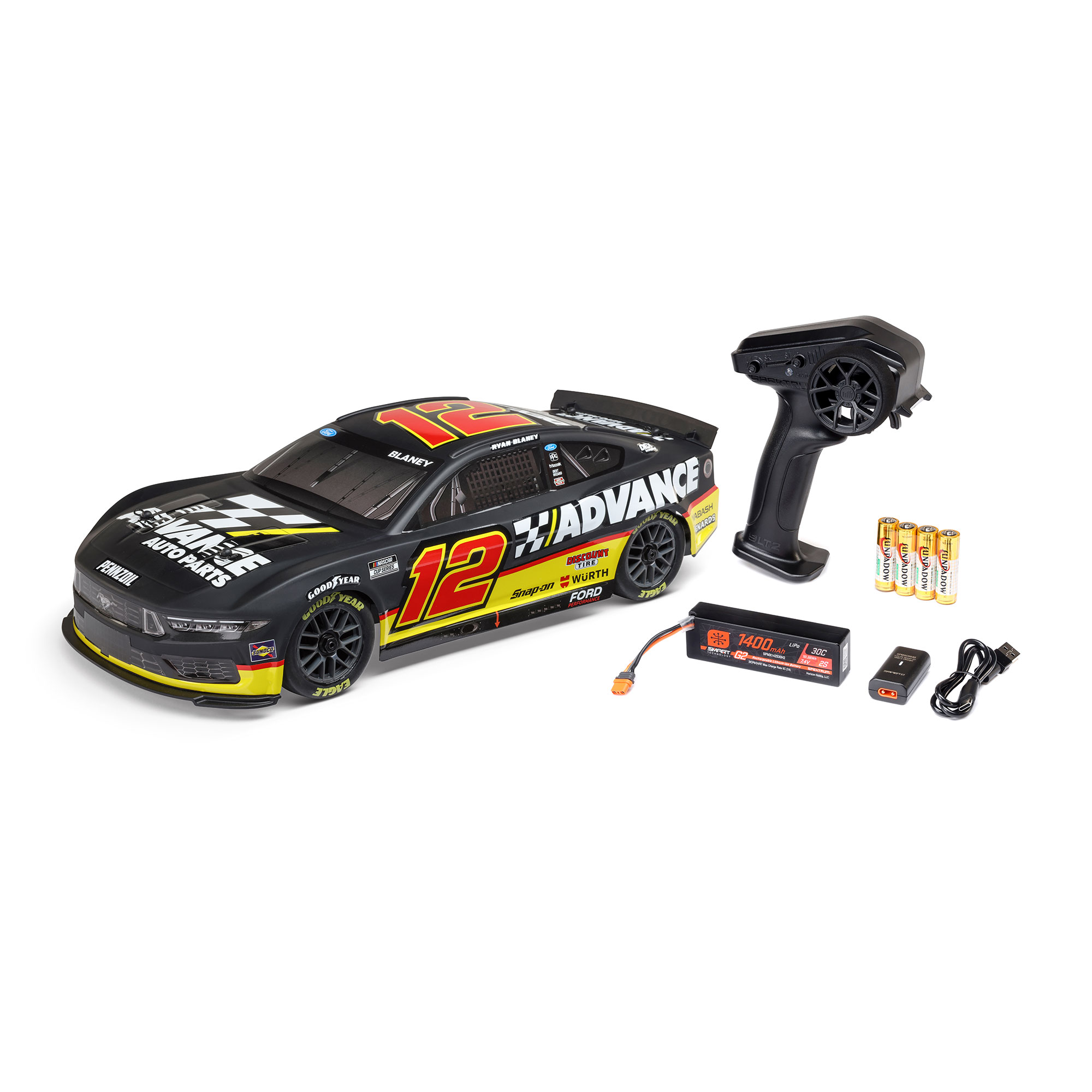 1/12 NASCAR RC Race Car Ryan Blaney No. 12 Advance Auto 2025 Ford Mustang 2S AWD RTR Brushed On-Road (Battery & Charger Included)